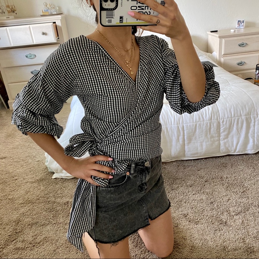 Gingham Puff Sleeve Blouse Small S